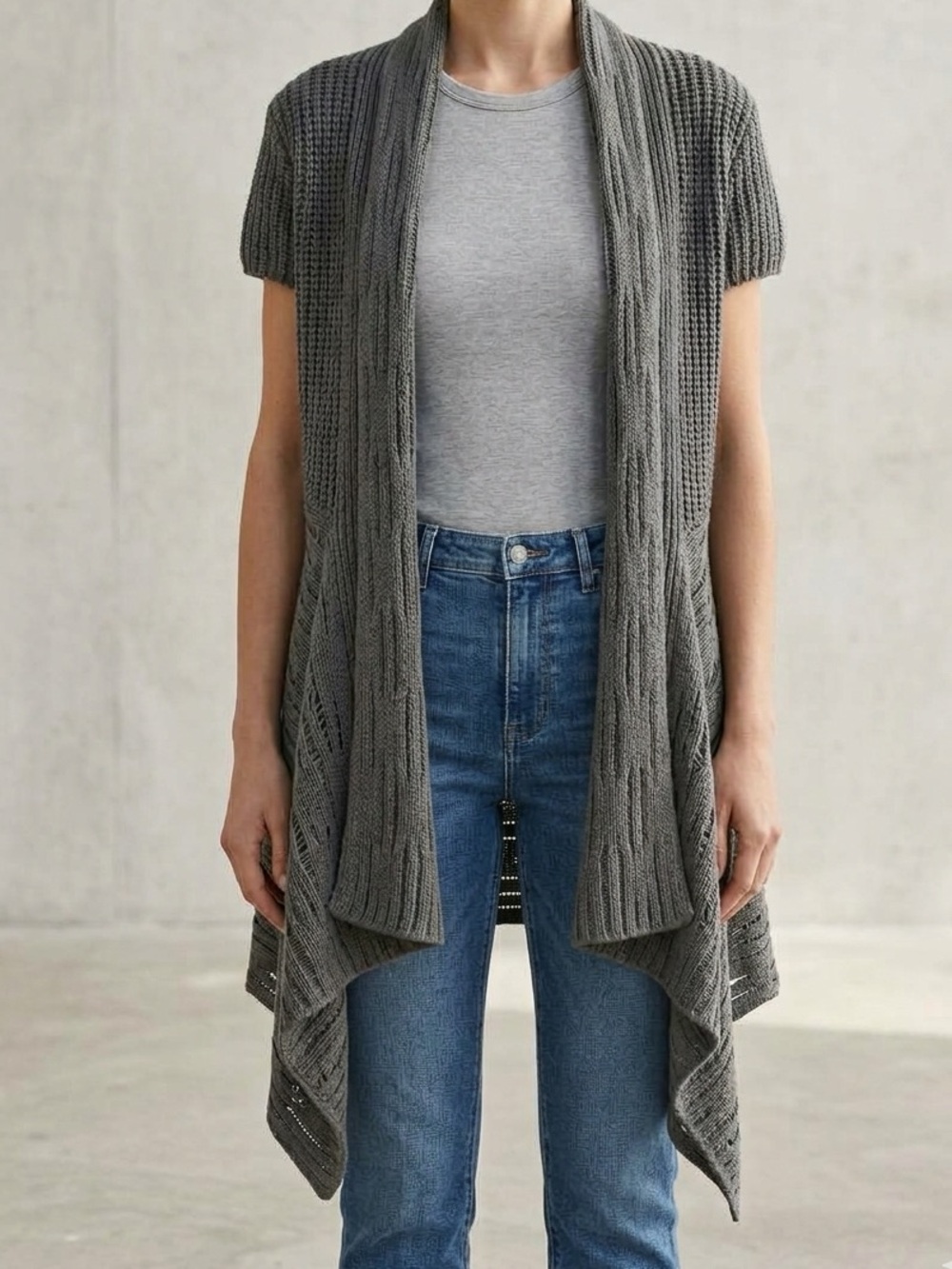Pure Handknit Gray Grey Women's Open Front Sweater Cotton Medium Large Autumn